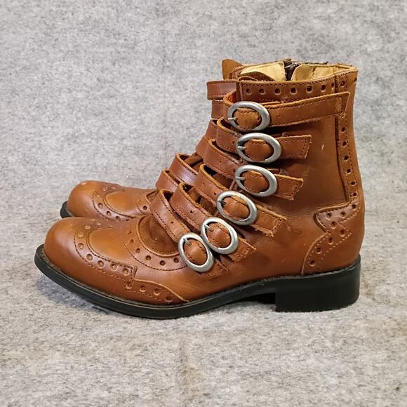 John Fluevog Womens 6 Multi-Strap Buckle Brogue Ankle Boots Caramel Leather - Picture 4 of 14